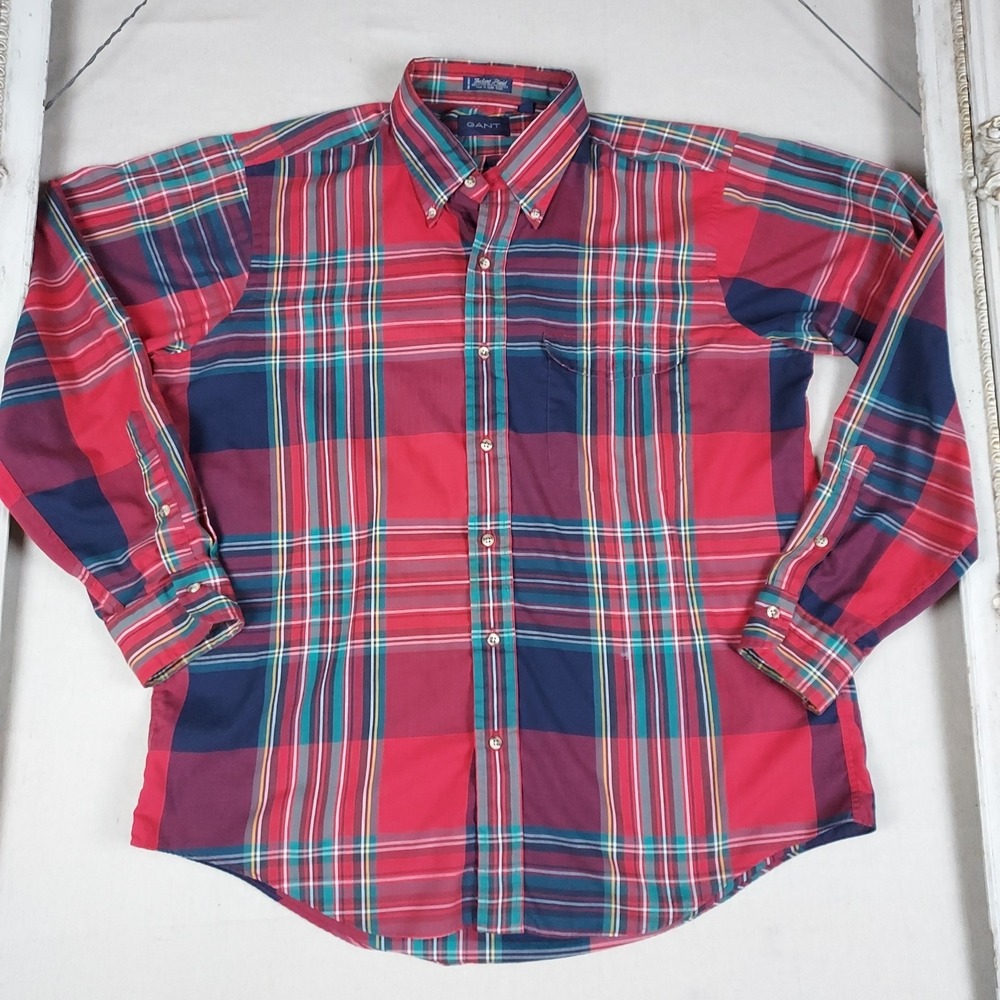 Vintage GANT Plaid Shirt Men's Large Made In Hong Kong Button Down Preppy 80s 90